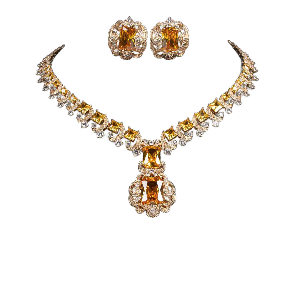 Yellow Square Pendant Necklace with Floral Pattern Inlay and Matching Stud Earrings Set