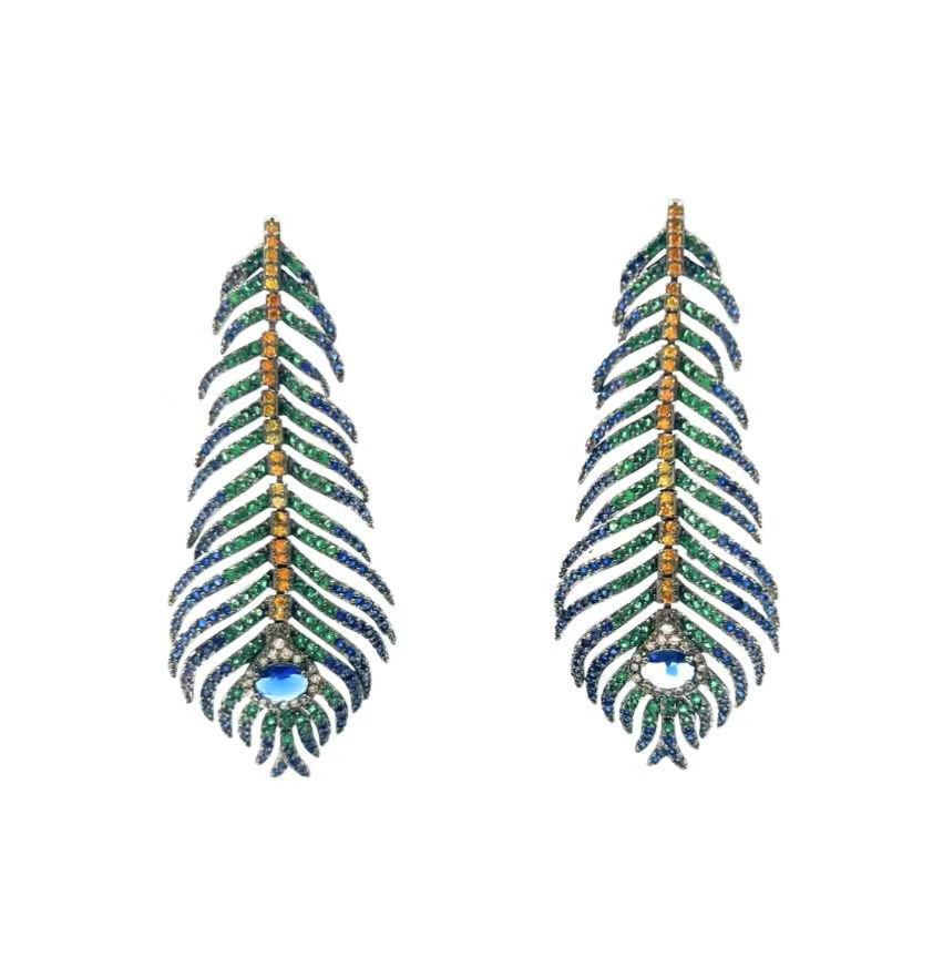 Peacock Whisper – Blue Feather-Inspired Drop Earrings