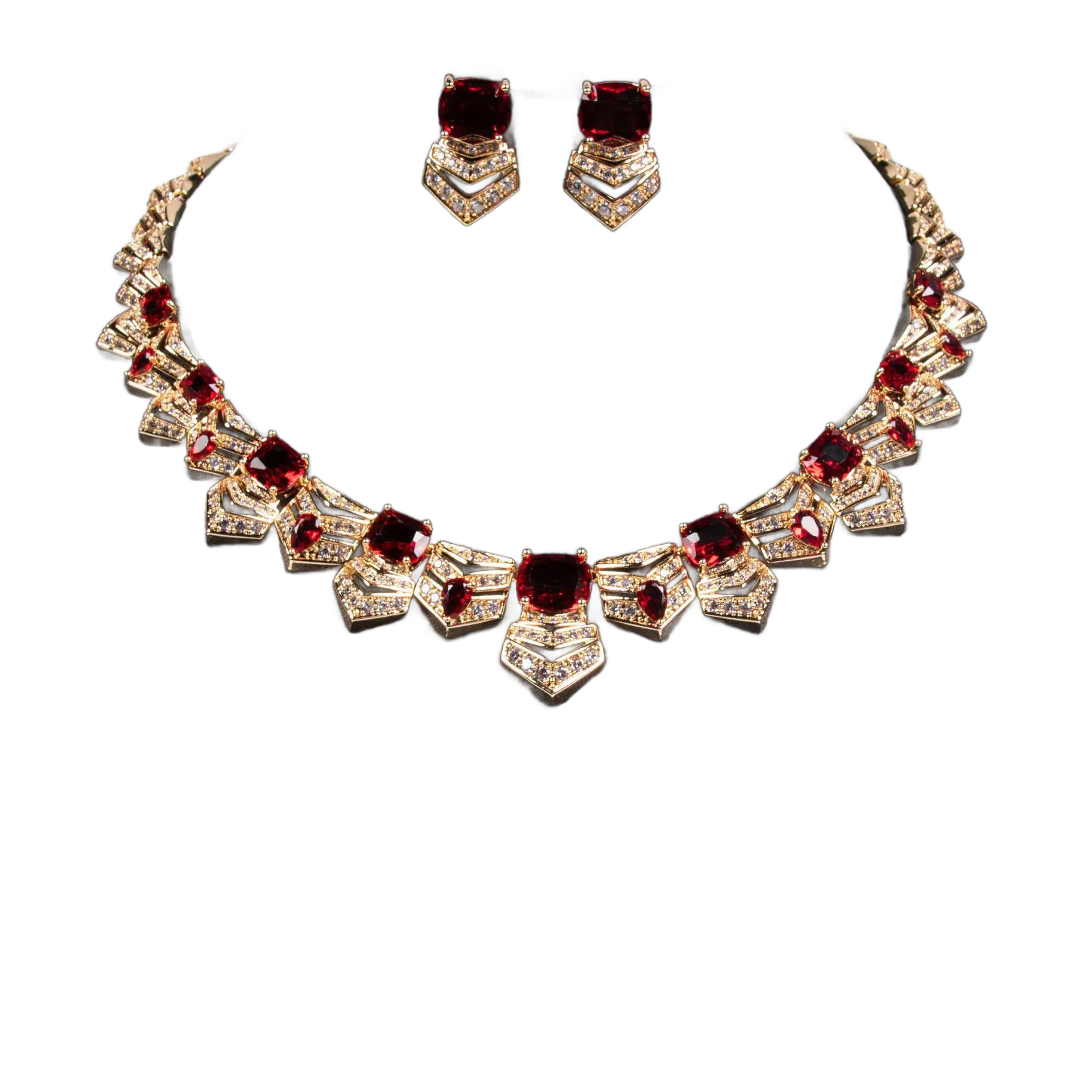 Golden Geometric Zircon Earrings and Necklace Set – Hollow Square Design for Elegant Evenings