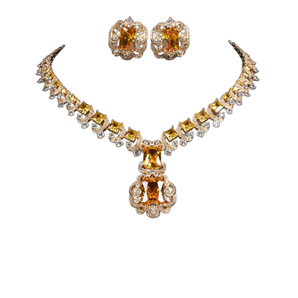 Yellow Square Pendant Necklace with Floral Pattern Inlay and Matching Stud Earrings Set