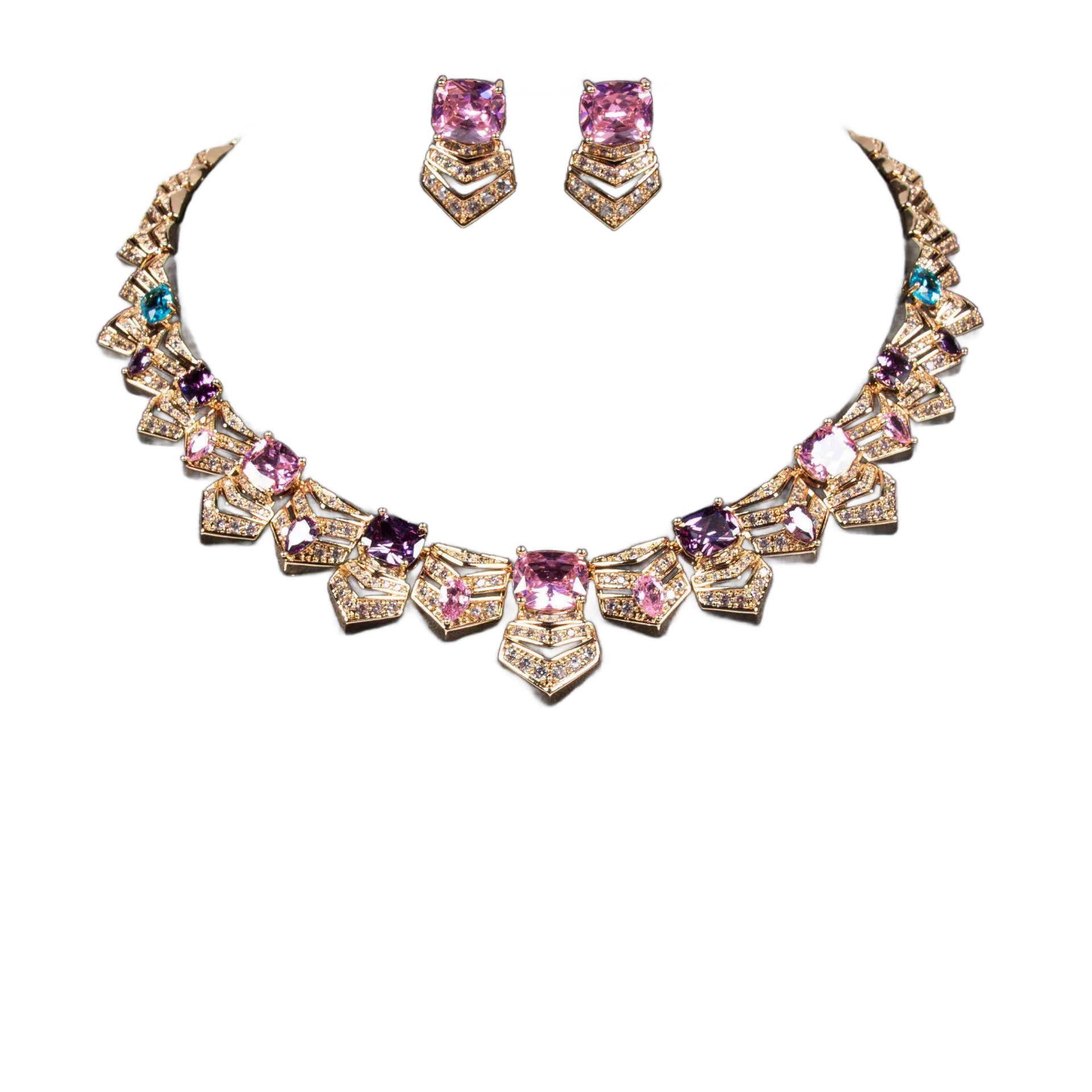 Golden Geometric Zircon Earrings and Necklace Set – Hollow Square Design for Elegant Evenings