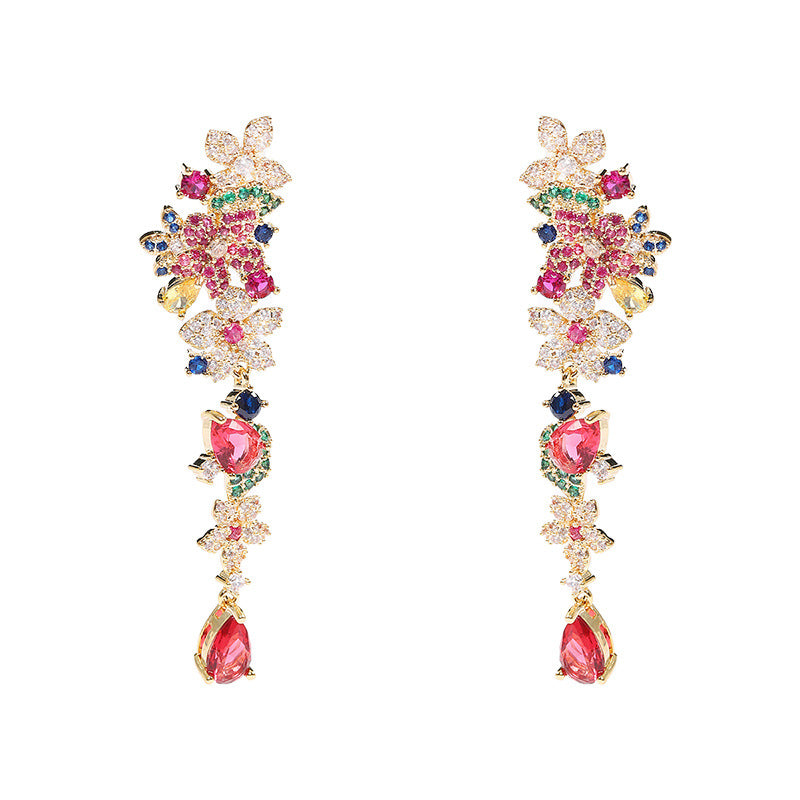 Light Luxury Exaggerated Colorful Zircon Floral Patchwork Earrings