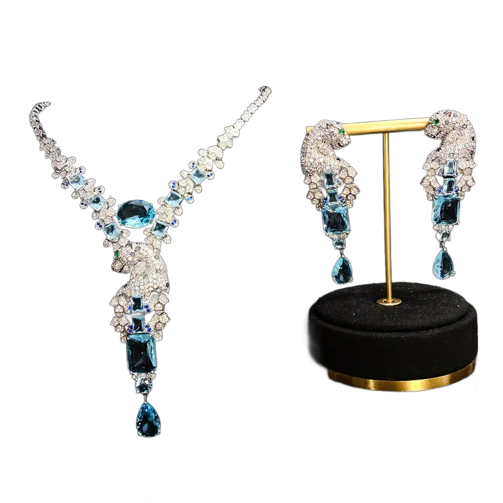 Blue Panther Necklace and Earrings Set – Statement Jewelry