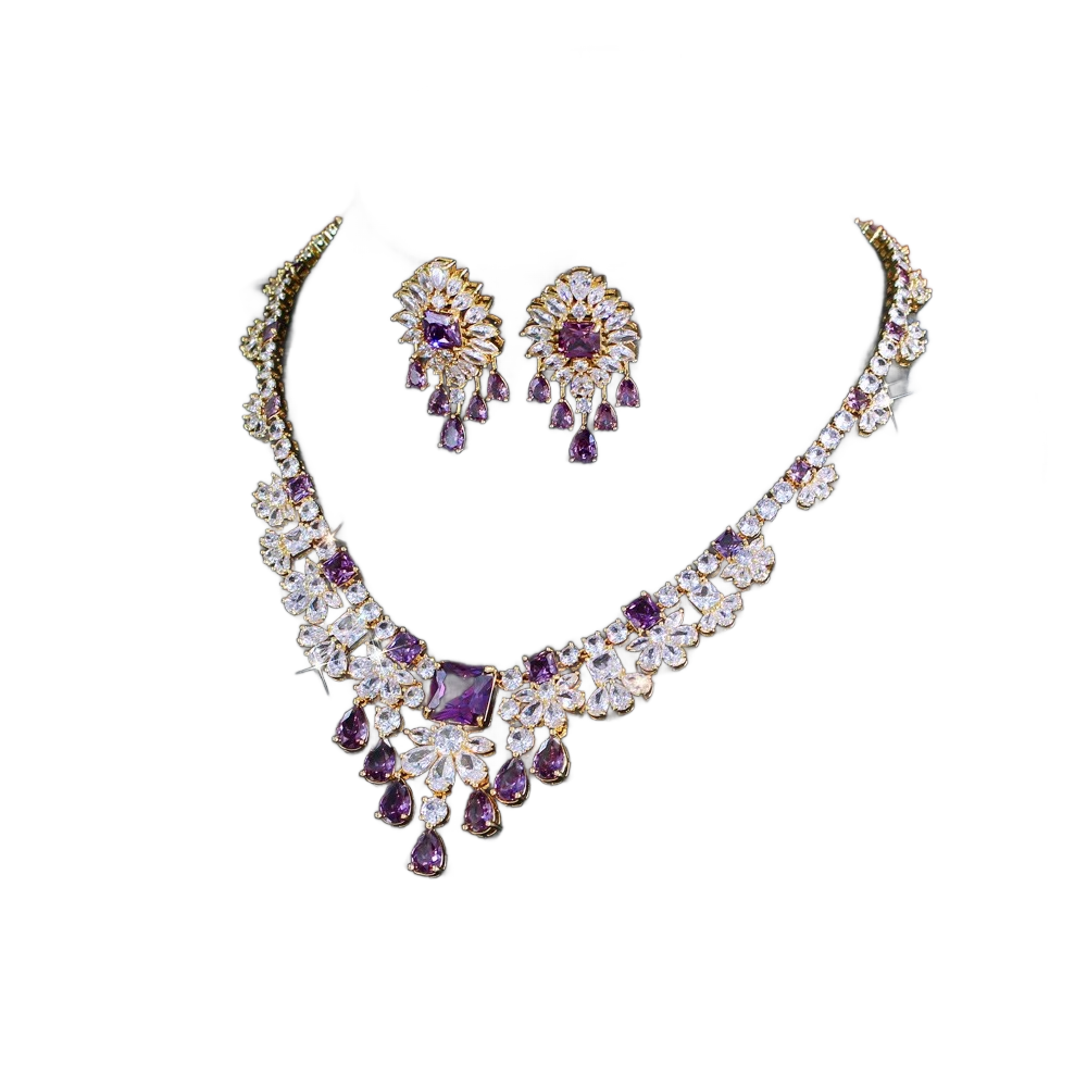 Purple Zircon Necklace & Earring Set | 18K Gold Plated Evening Jewelry