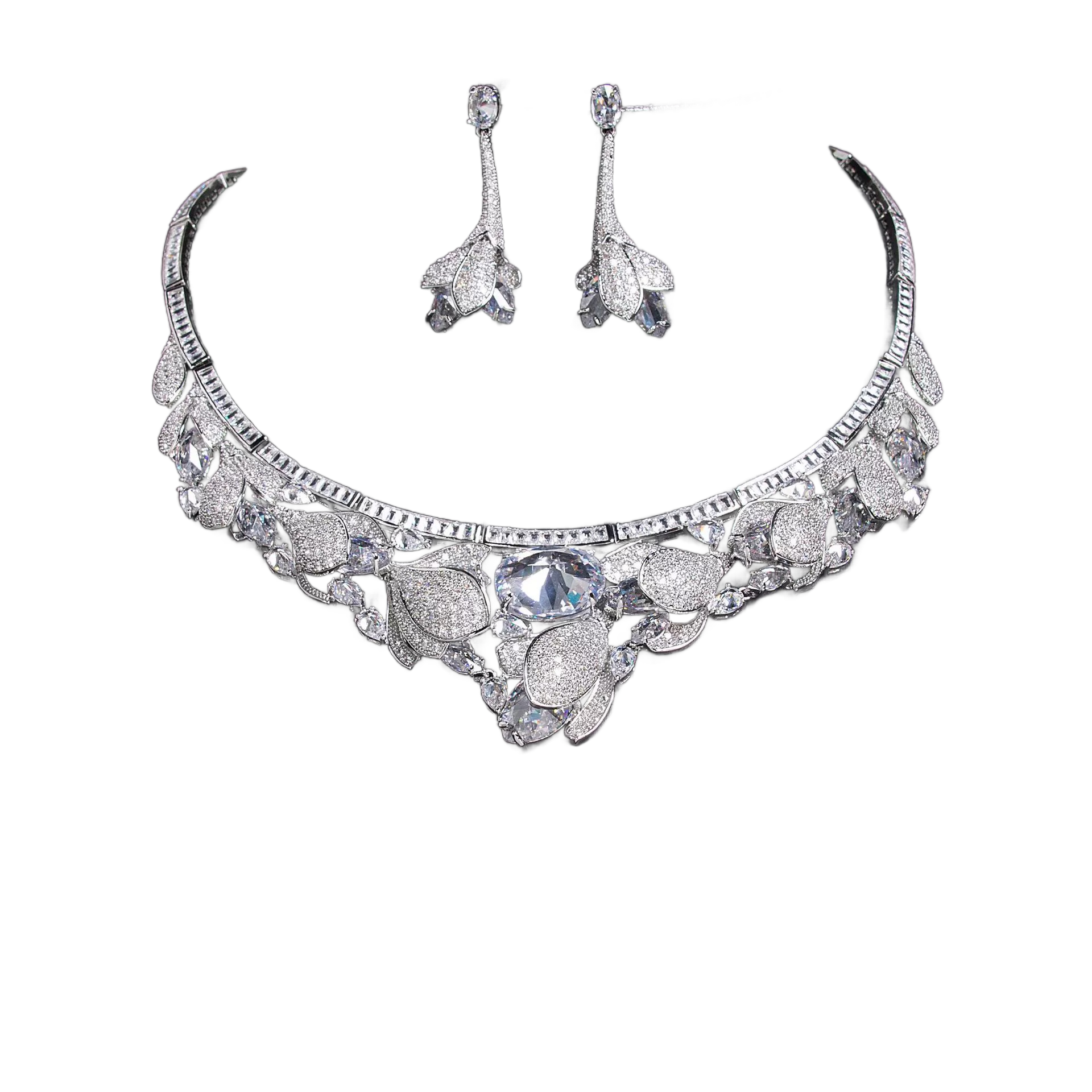 Elegant Flower Design Jewelry Set | Cubic Zirconia Necklace & Stud Earrings