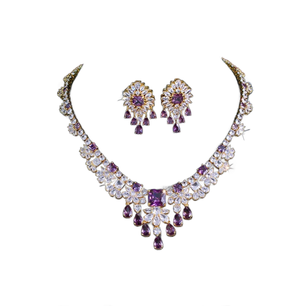 Purple Zircon Necklace & Earring Set | 18K Gold Plated Evening Jewelry