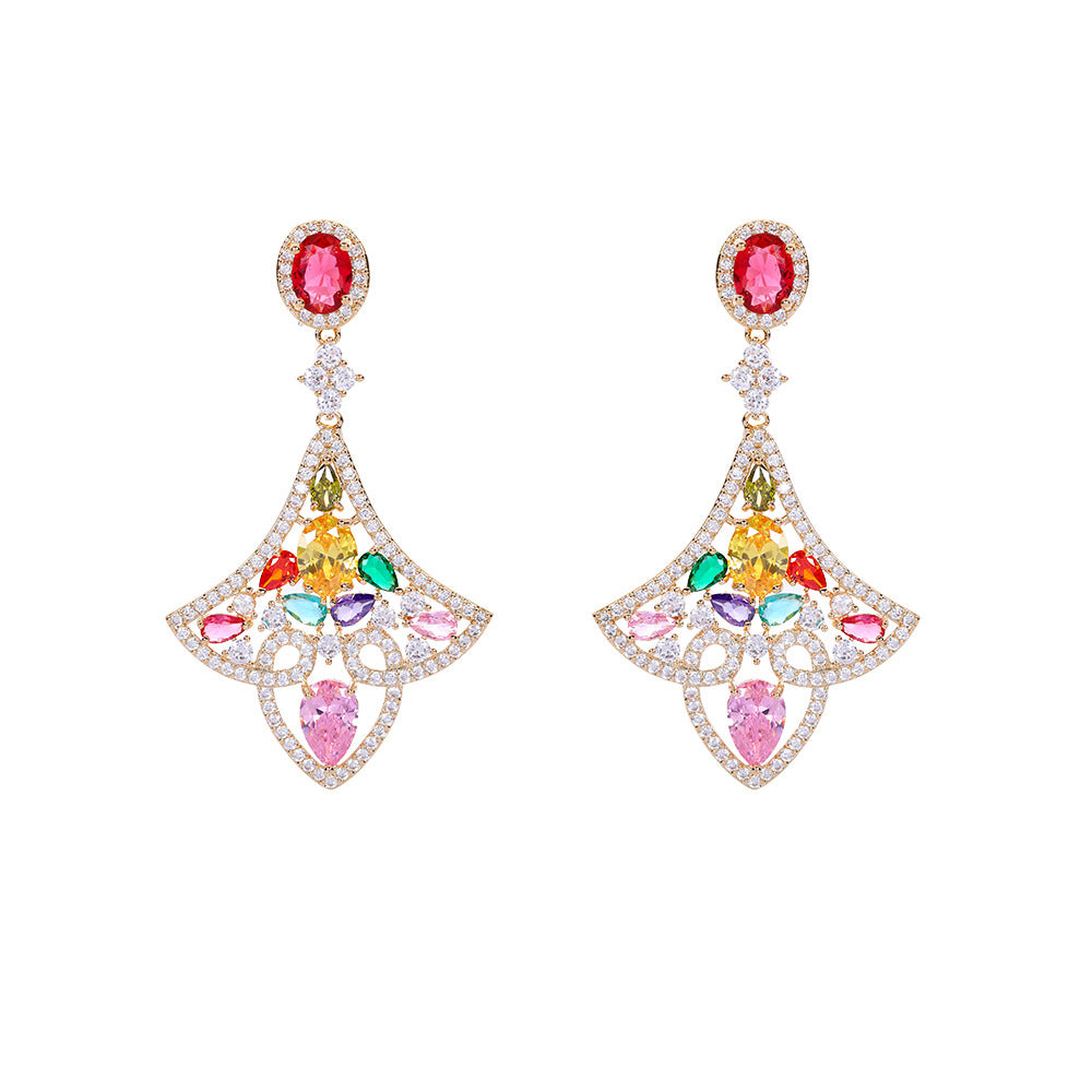 Geometric Fan Earrings with Colorful Zircon – S925 Silver Shine