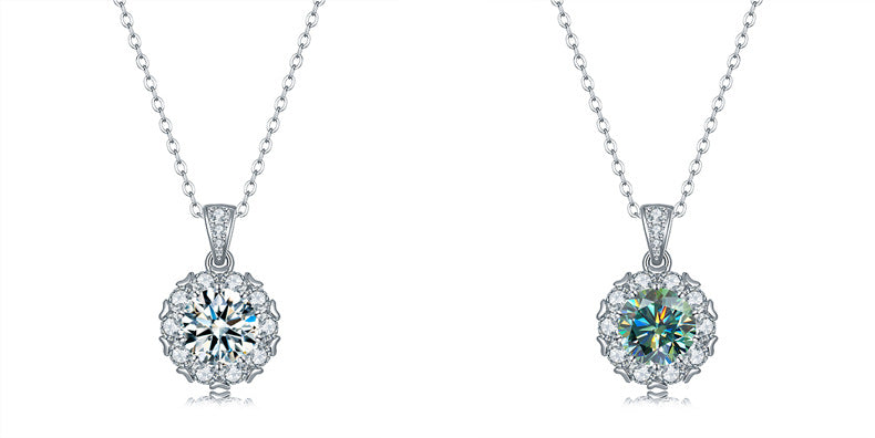 Crowned in Light – Princess Round Moissanite Necklace with Full Halo Shine