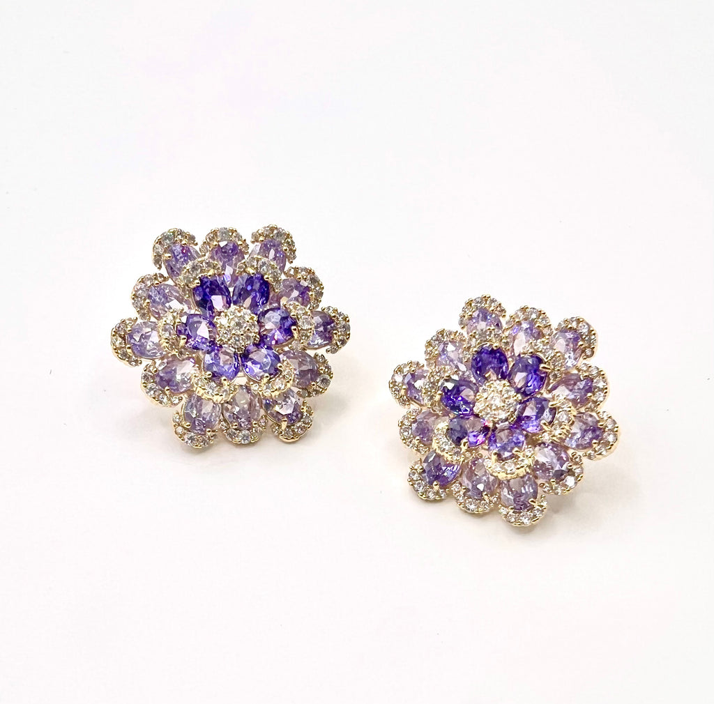 Twilight Bloom · Violet Crystal Floral Stud Earrings