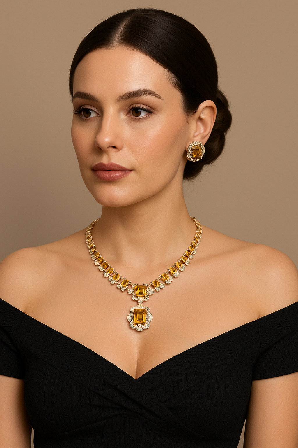 Yellow Square Pendant Necklace with Floral Pattern Inlay and Matching Stud Earrings Set
